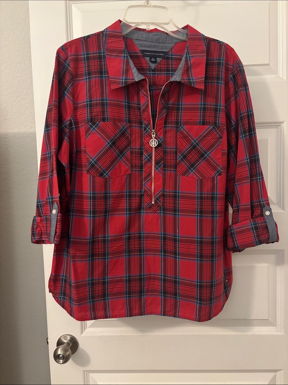 Tommy Hilfiger Red & Blue Tartan Plaid Popover Zip Front Casual Shirt SZ XL
